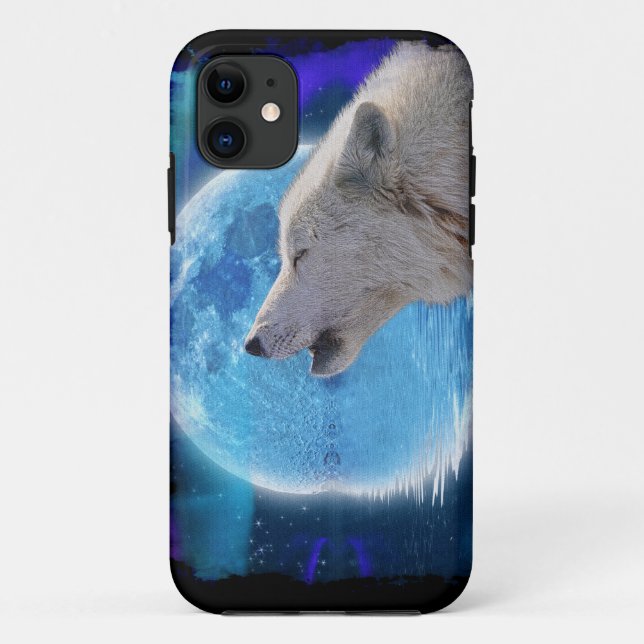 Coques Case-Mate iPhone Howling Arctic Wolf, Moon & Aurora Wildlife Art (Dos)