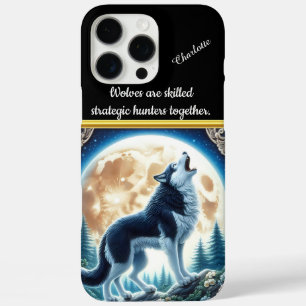 Coques iPhone 16 Pro Max Howling Wolf dans une forêt lune