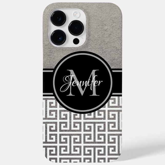Coques Case-Mate iPhone Huile d'argent Noir et blanc Clé grecque Monogramm (Verso)