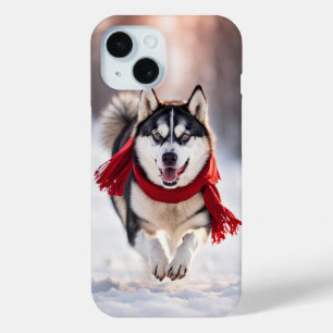 Coque Pour iPhone 15 Husky portant une écharpe rouge d'hiver