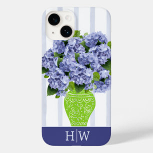 Coque Pour iPhone 14 Hydrangea Bleue Vase Floral Monogramme