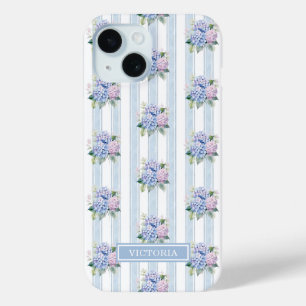 Coque Pour iPhone 15 Hydrangeas Bleus et Roses Monogrammées