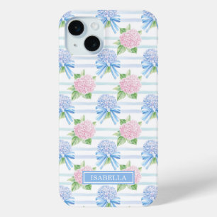 Coque iPhone 15 Mini Hydrangeas Rayées Rose et Bleu