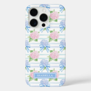 Coques iPhone 16 Pro Hydrangeas Rayées Rose et Bleu