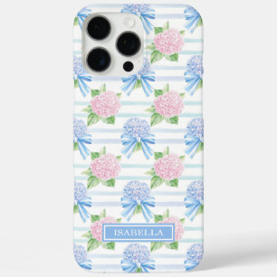 Coques iPhone 16 Pro Max Hydrangeas Roses Bleues et Roses Rayées
