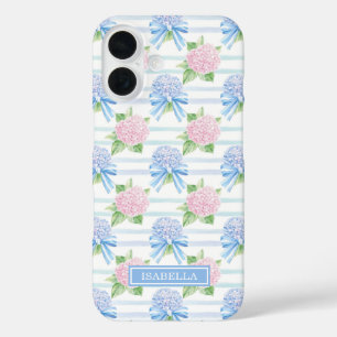 Coque Pour iPhone 16 Hydrangeas Roses Bleues et Roses Rayées