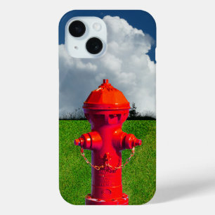 Coque Pour iPhone 15 Hydrateur de feu rouge, Herbe, Ciel nuageux
