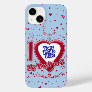 Coque Pour iPhone 14 I Love My Boyfriend Photo Red Hearts Light Blue
