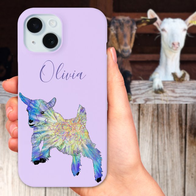 Coques Case-Mate iPhone Illustration de chèvre naine mignonne avec nom (Cute baby goat jumping colorful illustration with custom name mobile phone case)
