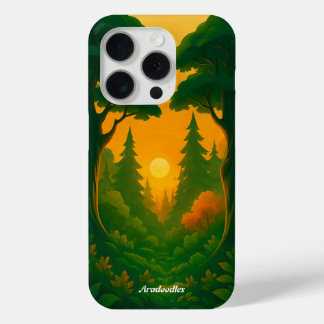 Coque iPhone 15 Pro Illustration de forêt au coucher de soleil vibrant