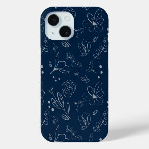 Coque Pour iPhone 15 Illustration florale bleu marine moderne