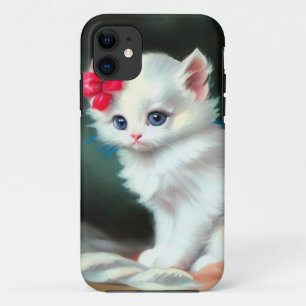 Case-Mate iPhone Case Illustration vintage de Kitten blanc avec fleurs r
