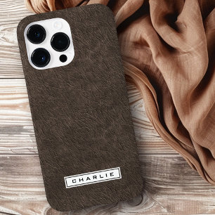 Coque Pour Pour iPhone 14 Pro Max Image imprimée en cuir marron foncé nom personnali