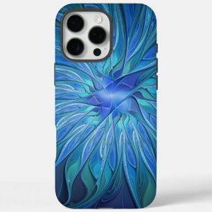 Coques iPhone 16 Pro Max Imaginaire Fleur Bleue Motif, Art Fractal Abstrait