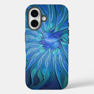 Coque Pour iPhone 16 Imaginaire Fleur Bleue Motif, Art Fractal Abstrait