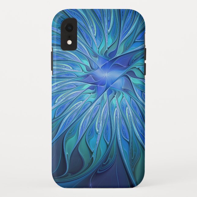 Coques Case-Mate iPhone Imaginaire Fleur Bleue Motif, Art Fractal Abstrait (Dos)