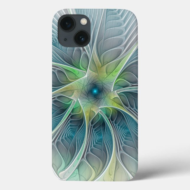 Coques Case-Mate iPhone Imaginaire fleuri Moderne Bleu Vert Fractal Fleur (Verso)