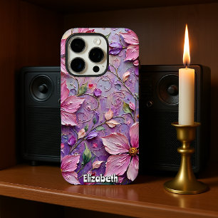 Coques iPhone 16 Pro Imaginaire floral rose et pourpre doux