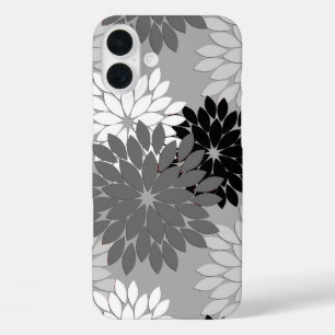 Coques iPhone 16 Plus Impression de kimono floral moderne, gris, noir et