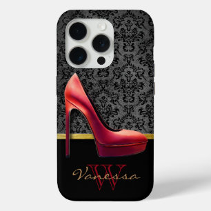 Coque iPhone 15 Pro Impression Rouge Haut talon et Damas avec Monogram