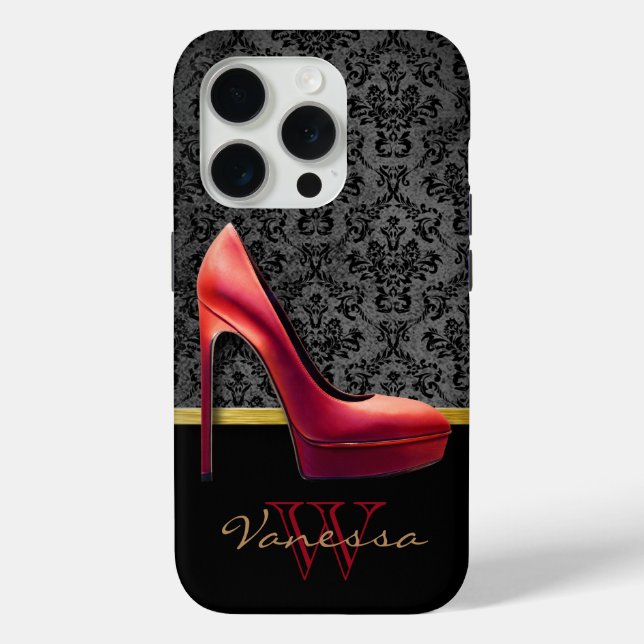 Coques Case-Mate iPhone Impression Rouge Haut talon et Damas avec Monogram (Verso)