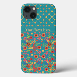 iPhone 13 Coque Impressions florales sur Turquoise personnalisé iP