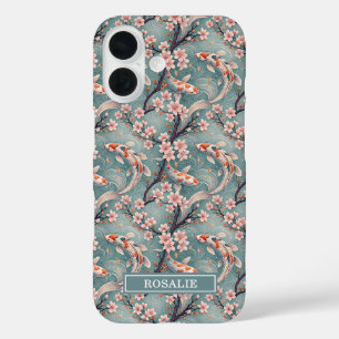 Coque Pour iPhone 16 Imprimé de carpe Koï Sakura japonaise monogrammé