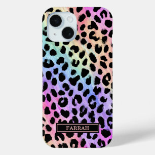 Coque Pour iPhone 15 Imprimé Léopard Arc-en-Ciel Pastel Monogrammé