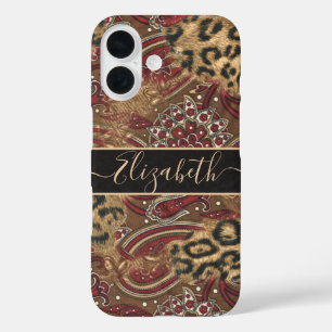 Coque Pour iPhone 16 Imprimé léopard et paisley Personnaliser le nom