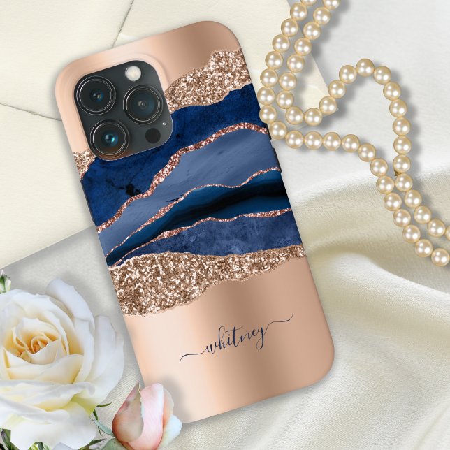 Coques Case-Mate iPhone Indigo Blue Agate & Rose Gold Parties scintillant  (Créateur téléchargé)