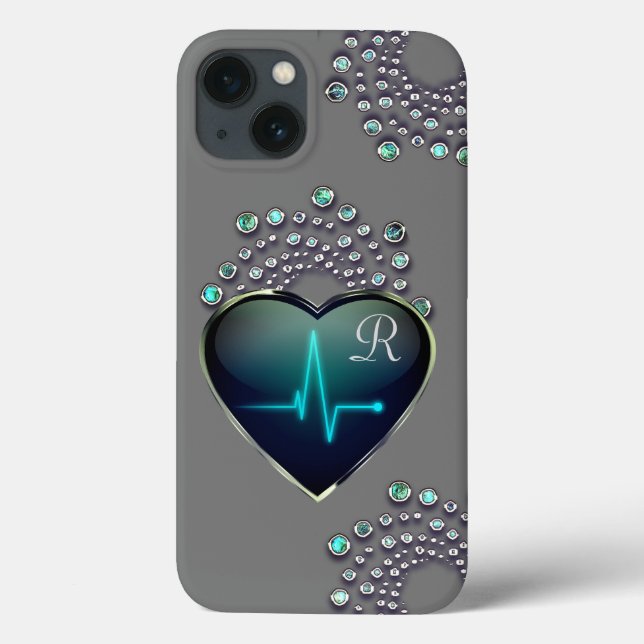 Coques Case-Mate iPhone Infirmière EKG coeur et bijou gris bleu noir (Verso)