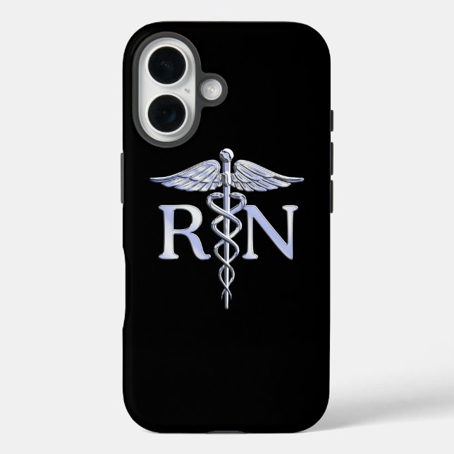 Coques Case-Mate iPhone Infirmière inscrite RN Silver Caduceus en noir (Verso)