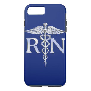 Coque iPhone 8 Plus/7 Plus Infirmière inscrite RN Silver Caduceus sur le bleu