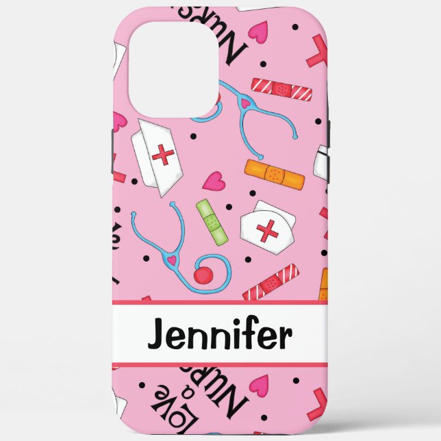 Coques Case-Mate iPhone Infirmière Médicale Art rose Nom personnalisé (Verso)