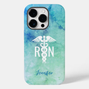 Coque Pour iPhone 14 Pro Infirmière personnalisée RN Aqua Blue Marble