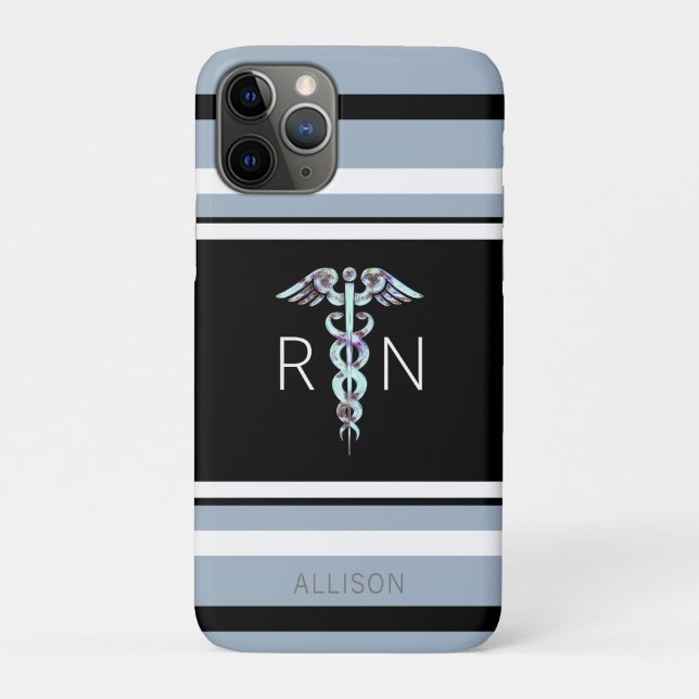 Coques Case-Mate iPhone Infirmière RN Caduceus Bleu Stripes Personnalisées (Dos)