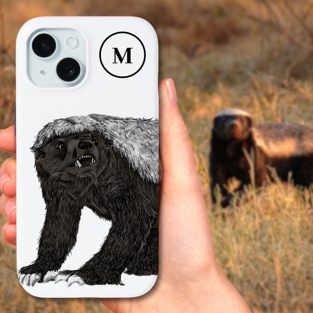 Coques Case-Mate iPhone Initiale de monogramme du blaireau miel (Honey badger black and white personalized monogram initial )