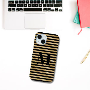 Coque Pour iPhone 15 Initiale de monogramme rayée or noir