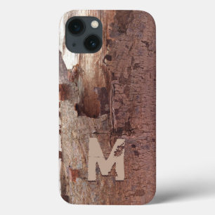 Etui iPhone 13 Initiale en bois rustique de monogramme d'écorce