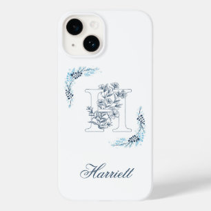Coque Pour iPhone 14 Initiale "H" Monogramme bleu Calme Floral