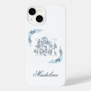 Coque Pour iPhone 14 Initiale "M" Monogramme Bleu Calme Floral