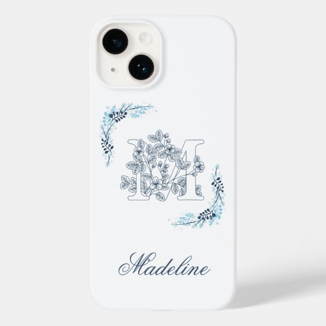 Coques Case-Mate iPhone Initiale "M" Monogramme Bleu Calme Floral (Verso)