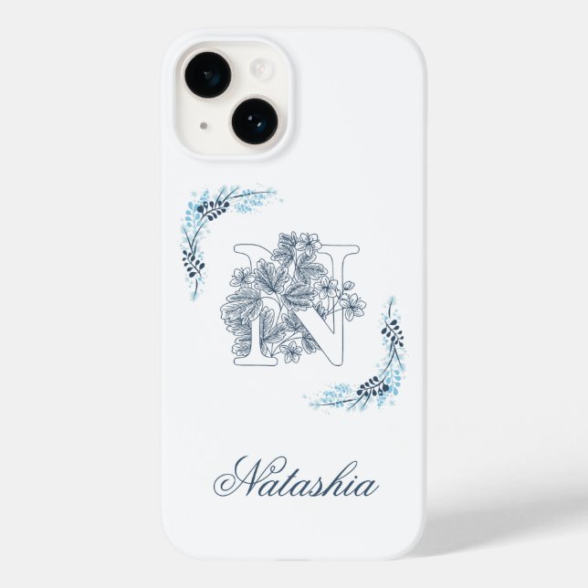 Coques Case-Mate iPhone Initiale "N" Monogramme bleu Calme Floral (Verso)