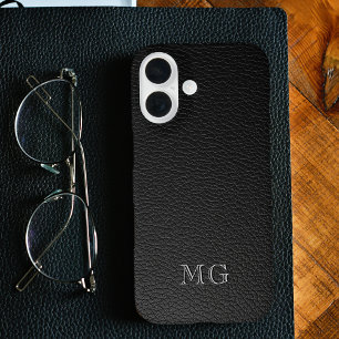 Coque Pour iPhone 16 Initiales blanches en monogramme sur cuir noir mod