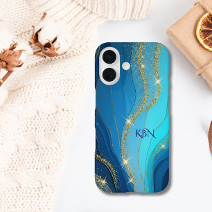 Coque Pour iPhone 16 Initiales de monogramme paillettes bleues or