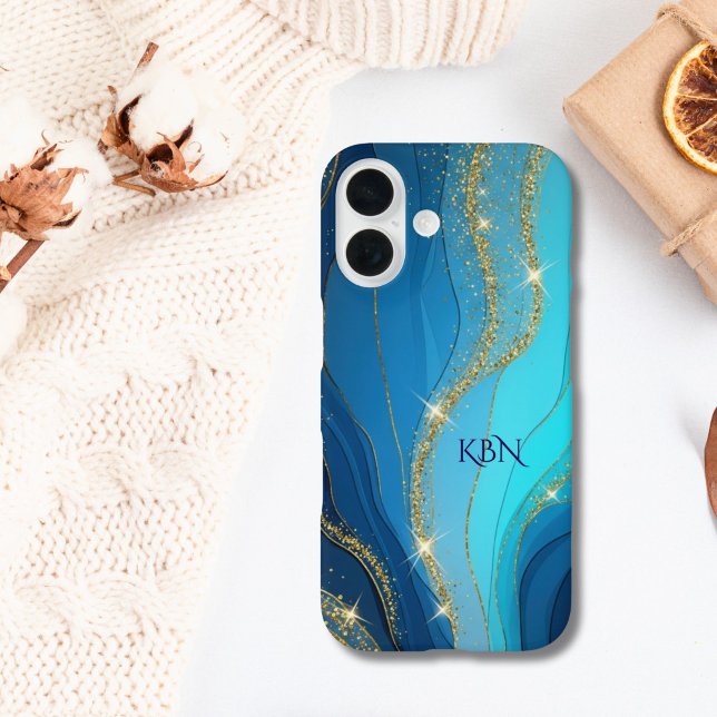 Coques Case-Mate iPhone Initiales de monogramme paillettes bleues or (Blue Gold Glitter iPhone 16 15 14 13 12 11 case. Monogram it with her initials)