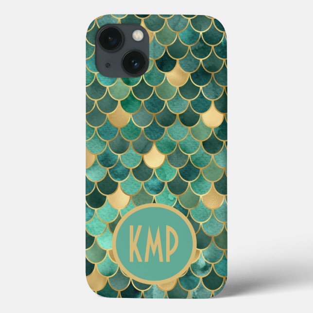 Coques Case-Mate iPhone Initiales de monogramme Vert Émeraude Or Écailles  (Verso)