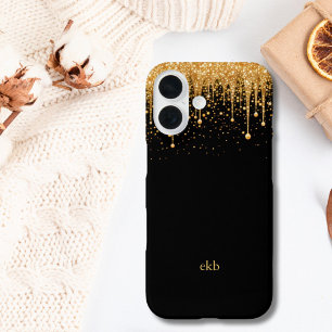 Coque Pour iPhone 16 Initiales de nom en monogramme noir or paillettes 
