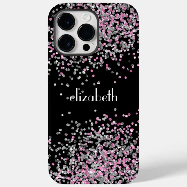Coques Case-Mate iPhone Initiales de nom en monogramme Noir Rose Paillette (Verso)