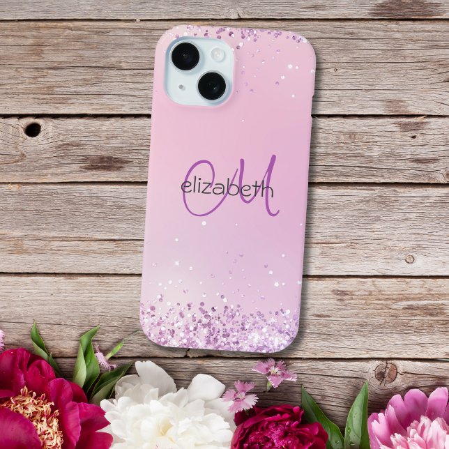 Coques Case-Mate iPhone Initiales de nom en monogramme rose paillettes vio (Monogram name initial pink purple glitter iPhone case)